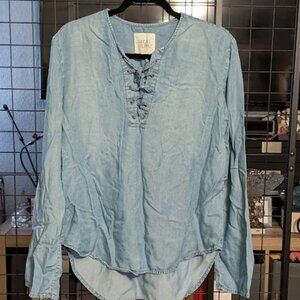 M1 THREAD & SUPPLY Blue Lace-up Chambray Blouse